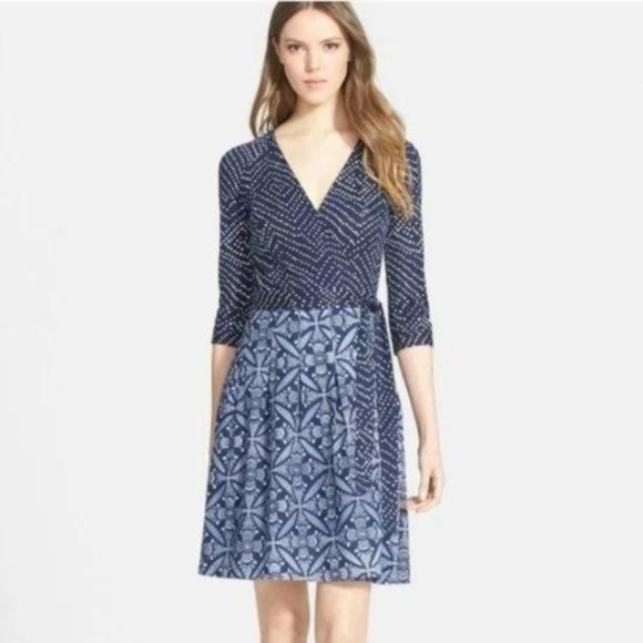 Diane Von Furstenberg Dress Jewel Print Navy Blue Wrap Mini Floral Dot DVF Sz 6 - Picture 1 of 14